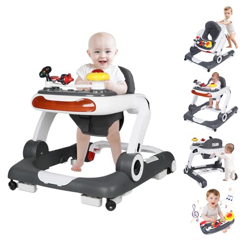 Kinder King Baby Walker with Music & Lights, 5 in 1 Baby Bouncer Activity Walker, Adjustable Height & Seat, Learning-Seated & Toddler Walk-Behind, Safety Bumper, Infant Walker Anti-Rollover, Grey