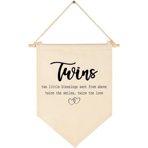 Twins Two Little Blessings Canvas Pennant Banner, Twin Nursery Wall Decor for Baby Boy Girl Room, Kids Playroom Bedroom Hanging Flag Sign, Reading Nook Wall Art, Baby Shower Birthday Gift