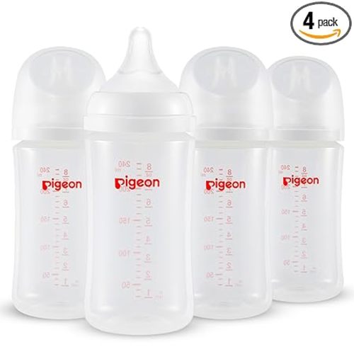 Pigeon PP Nursing Bottle Wide Neck, Anti-Colic, Streamlined Body, Natural Feel, Easy to Clean, 8.1 Oz(Pack of 4), Includes 4pcs M Nipples (3m+)
