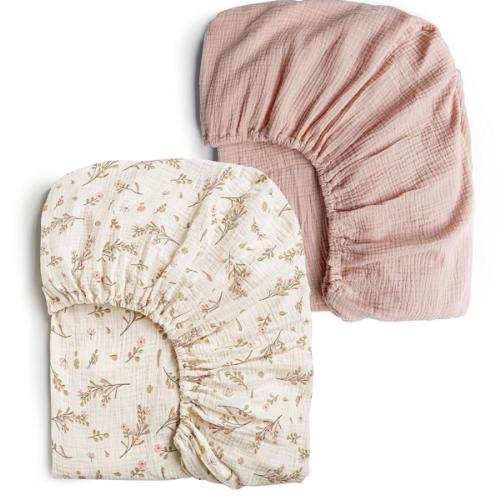 Konssy Muslin Crib Sheets for Girl Boy, 2 PCS Soft and Breathable Cotton Baby Sheets for Standard Crib Mattress, 52"x 28" (Floral, Pink)