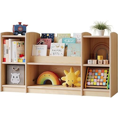 ONBRILL Montessori Shelf, Bookshelf and Toy Storage Organizer for Kids Room, Toddler 2-Tier Horizontal Wood Cube Bookcase, Furniture of Daycare, Nursery, Classroom, Kindergarten (Natural)