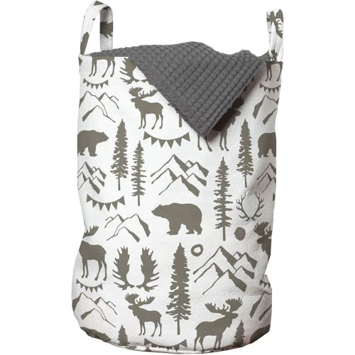 Ambesonne Northwoods Laundry Bag, Forest Elements with Bear Moose Trees and Mountains Wildlife Nature Theme, Hamper Basket with Handles Drawstring Closure for Laundromats, 13" x 19", Taupe White