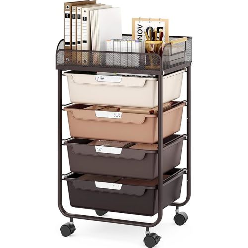 Rolling Cart with 4 Drawers,4 Tiers Rolling Utility Cart Craft Cart,Rolling Storage Drawer Cart with Mesh Top,Storage Cart with Drawers & 4 PCS DIY Lable, Brown