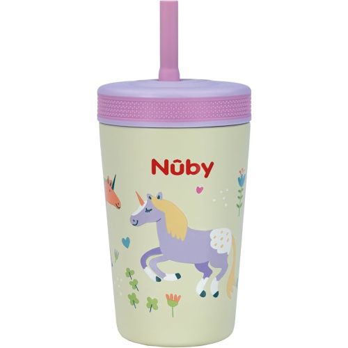 Nuby Thirsty Kids Insulated Toddler Cup with Silicone Flexstraw - 12 oz - Stainless Steel and Leak-Resistant - 18+ Months - Unicorns