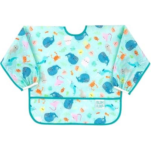 Bumkins Bibs, Baby and Toddler Girls and Boys 6-24 Months, Long Sleeve, Essential Must Have for Eating, Feeding, Mess Saving Lightweight Waterproof Fabric Sleeved Smock, Ocean Life