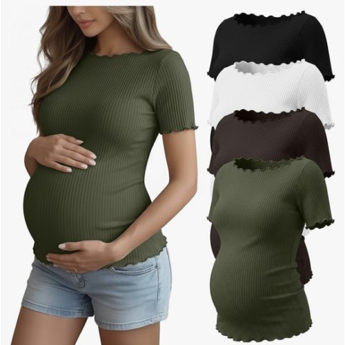 4 Pack Women's Maternity Ribbed Shirts Pregnancy Knit Short Sleeve Tops Boat Neck Lettuce Trim Summer Mama Clothes