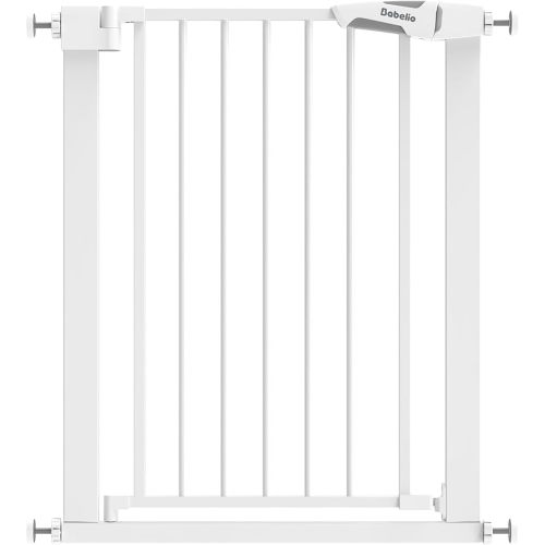 BABELIO 26-28.5 Inch Narrow Easy Install Baby Gate, 30 Inch Tall Auto-Close Metal Pet Gate for Small Stairs and Doorways, NO Drilling Pressure Mounted, NO Extensions, White