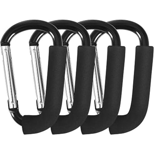 Stroller Hooks 4 Pack, 5.5" Black Baby Stroller Clips for Baby Diaper Bag, Grocery, Purse, Hanging Bags, Mommy Hook Backpack Accessories for Outdoor, Camping and Hiking, Large Carabiner Clip