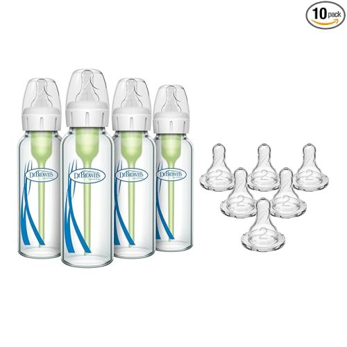 Dr. Brown's Anti-Colic Narrow Glass Baby Bottles 8 oz 4-Pack with Level 1 Nipples + Level 2 Medium Flow Narrow Silicone Nipples 6-Pack Bundle, BPA Free, 0m+ and 3m+