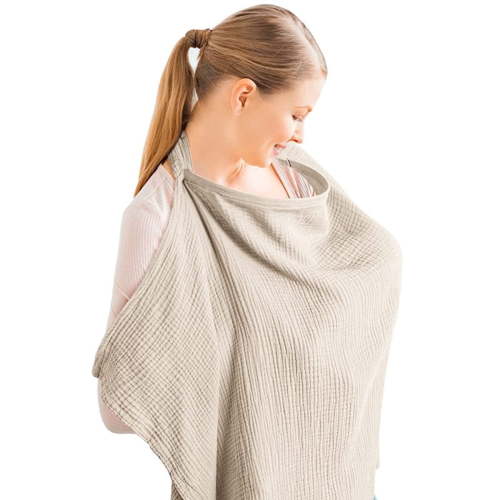 Byseng Muslin Nursing Cover for Breastfeeding, Soft Cotton Privacy Nursing Apron with Rigid Arch Neckline, Beige