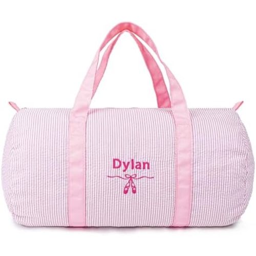 MT WORLD Seersucker Girls Duffle Bag Personalized Toddler Dance Bag with Embroidered Name Small Overnight Duffle for Little Girls Ballet Gym Weekender Travel,Custom Birthday Baby Shower Gifts (Pink)