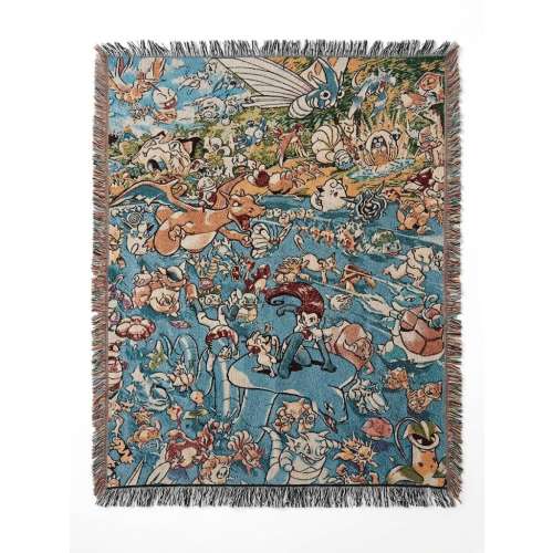 Vintage 90s Pokemon Kanto Jacquard Throw Blanket - Woven Anime Tapestry, Nostalgic Gamer Room Decor, Retro Cozy Cotton Couch Throw Gift