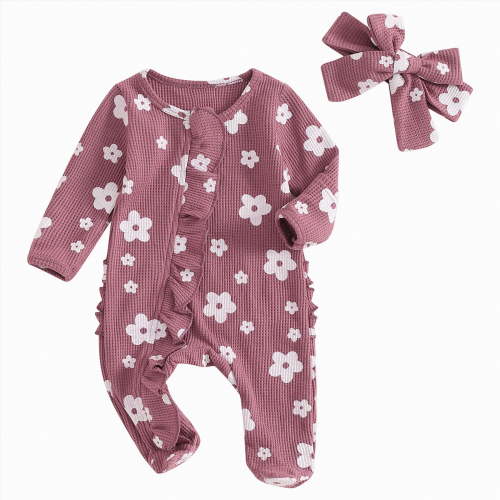CAICJ98 Newborn Baby Girl Fall Winter Outfits Clothes Knit Jumpsuit Ruffle Romper Infant Coming Home Spring Outfit for Baby Girl (Purple,6-12 Months)