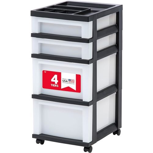 IRIS USA Plastic Drawer Storage Organizer Rolling Cart, with Wheels Casters, 4-Drawers, for Classroom Art Craft Supplies Dresser Closet Bathroom Laundry Room, Black/Pearl