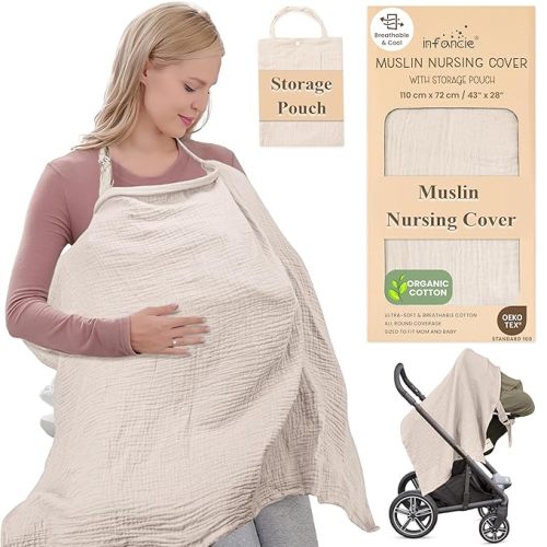 Premium 100% Organic Cotton Muslin Nursing Cover 43 x 28 Inches – Breathable, Lightweight & Privacy Wrap for Mothers, Soft Multi-Use Breast Feeding Covers for Women for Home & Travel, Beige