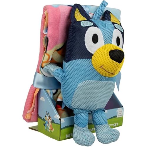 Hobby Lobby Bluey Bath Time Set with Mesh Plush Toy and Character Towel, 50 x 25 inches, Blue and Pink