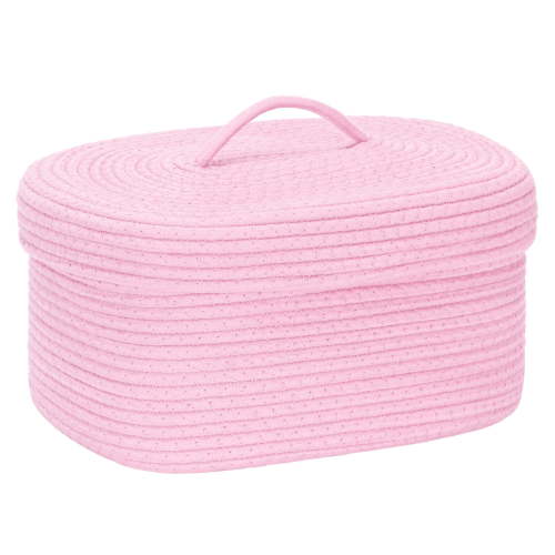 Sea Team Oval Cotton Rope Storage Basket with Lid, Lidded Woven Storage Bin, Nursery Storage Container, Diaper Caddy, Baby Shower Basket, Box, Organizer, 15 x 11 x 6.5 Inches, Pink