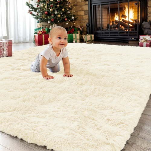 Sanmadrola Area Rugs for Bedroom, Fluffy Beige Shaggy Soft Area Rug, Non-Slip Indoor Floor Carpet for Living Room, Kids Baby Boys Teen Dorm Home Decor Aesthetic, Nursery, 5.2x6.5 Feet Beige