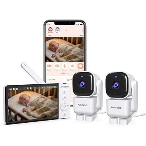 Smart Baby Monitor with 2 Cameras and Phone App, 5" HD Display Multi-Room Video Baby Monitor, Dual Mode (WiFi & Hack-Proof FHSS), Auto Motion Tracking, Cry Temp Alert, White Noise, 36H Battery