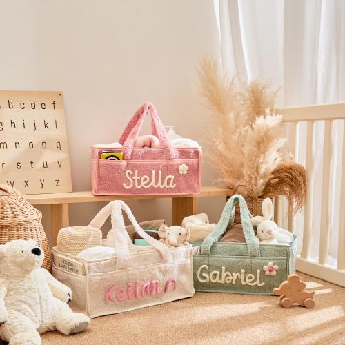 Crochet Plush Baby Organizer Bag Custom – Personalized Name Diaper Caddy, Newborn Welcome Gift, Large Soft Storage Basket with Partitions