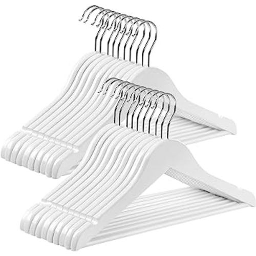 SONGMICS Kids Wooden Hangers 20 Pack, Solid Wood Baby Hangers, Children's Coat Hangers with Pants Bar, Shoulder Notches, Swivel Hooks, 12.6 x 7.5 Inches, White and Silver UCRW006W20