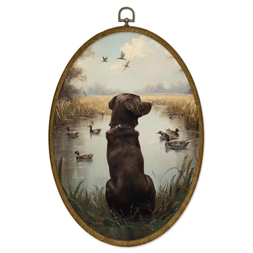ODFGBDS Vintage Chocolate Lab Dog Lake Oval Wall Art Decor, Farmhouse Landscape Canvas Wall Art Framed, Rustic Mallard Duck Oval Hanging Decorations for Home Bedroom Living Room Decor, 8.6x11.4 Inch