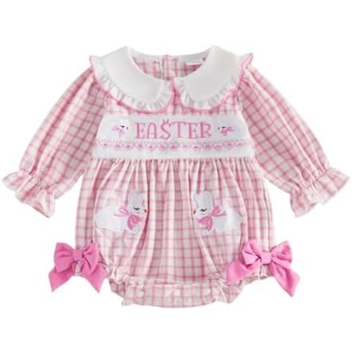 MoZiKQin Baby Girl Thanksgiving Outfit Turkey Bubble Romper Long Sleeve Doll Collar Plaid Jumpsuit Boutique Fall Clothes