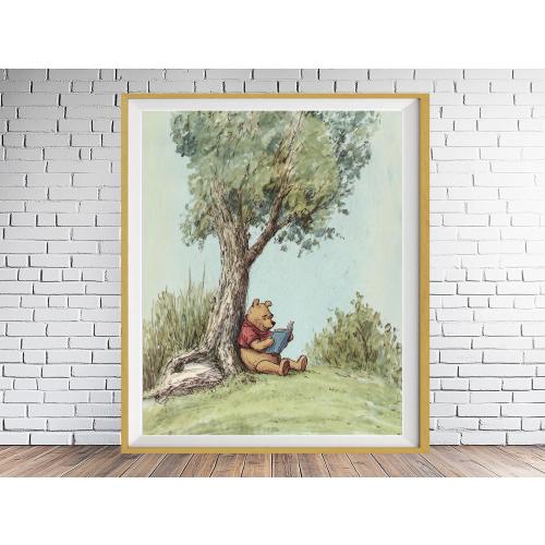 Nursery Art, Winnie the Pooh Print, Pooh Reading, Elegant Boho Nursery Decor, Kids Room, Baby Shower Gift, Childrens Book st1 #ana152