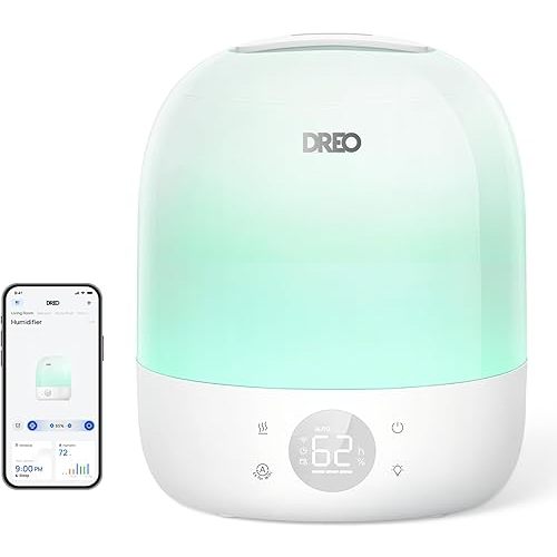 DREO Humidifiers for Bedroom Baby HM409S, Ultra Quiet 28dB & 3L Top Fill Cool Mist Humidifier for Nursery, Smart Air humidifier for Plants Indoor, 1500+ RGB Night Light & Sleep Routine Trainer