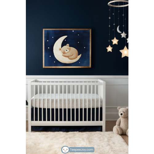 Space Wall Art for Nursery, Playroom or Kids Bedrooms - Sleeping Bear on Moon with Starry Night Sky - Cosmic Nap
