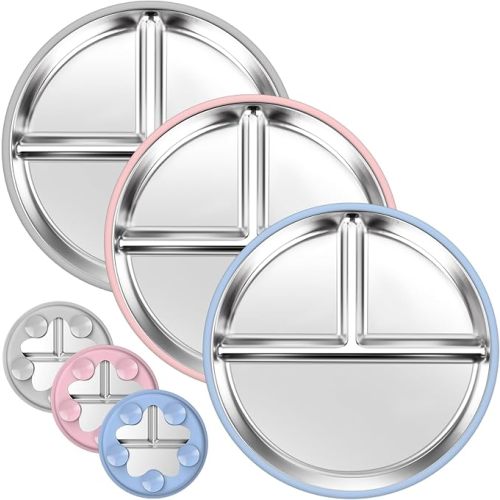 OVV Stainless Steel Kids Plates (3 Pack) 9 Inch Toddler Divided Plates with ﻿Removable Silicone Sleeves & 5 Suction Cups Baby Self Feeding | Mess-Free Mealtime | Dishwasher Safe