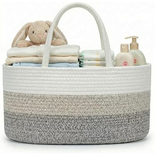 luxury little Diaper Caddy Organizer, Large Cotton Rope Nursery Baby Basket, Changing Table Organizer for Baby Diaper Storage, Portable Car Organizer Removable Divider (Gradient Brown, Extra Large)