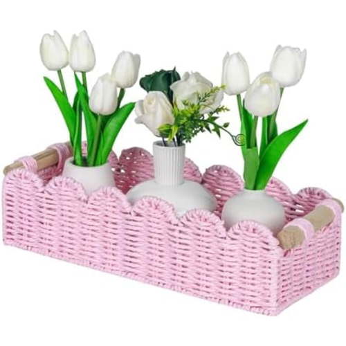 Paper Rope Scalloped Edge Gift Basket Empty, Small Living Room,Bedroom Decor Baskets, Pink Woven Toilet Paper Storage Basket, with 2 Wooden Handle, Rectangular