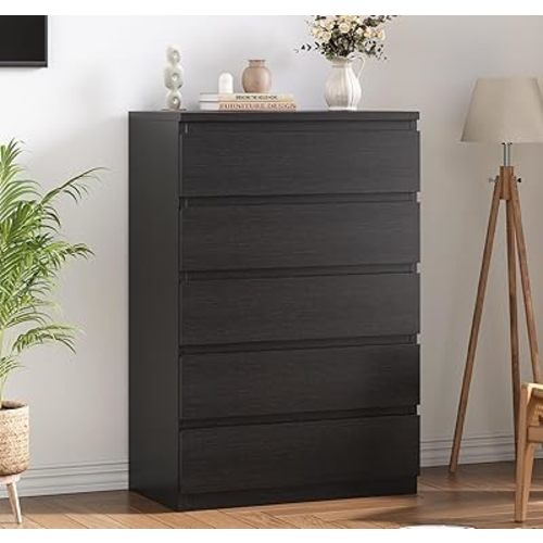Black Modern 5 Drawer Dresser for Bedroom, 15" D x 23.7" W x 40.4" H in Simply Chest of Drawers, Wood Storage Dresser with Deep Drawers for Living Room Hallway Entryway, Black