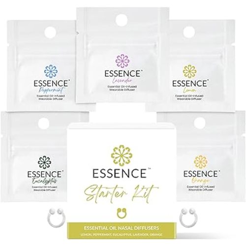 Essence Nasal Diffuser Starter Kit – Essential Oil Silicone Nose Ring Inhalers for Beginners – Wearable Aromatherapy Bundle for Relaxation, Energy & Breathing Support