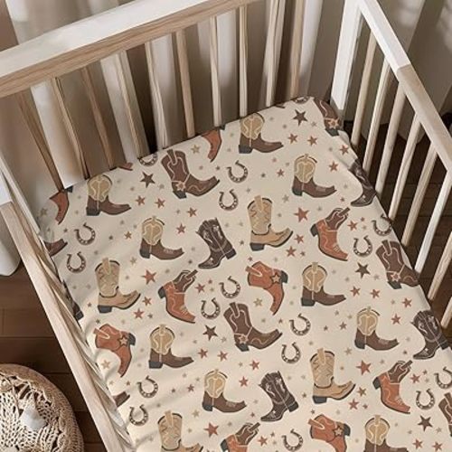 Cartoon Native American Horseshoes Stars Pattern Baby Sheets for Crib, Unisex Western Nursery Fitted Bed Sheet for Boys Girls Standard Crib and Toddler Mattress-28x52