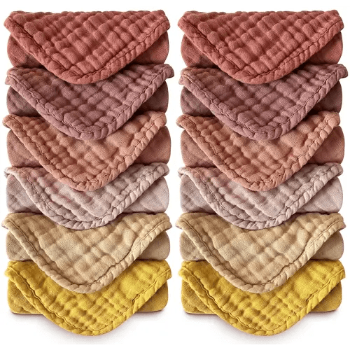 MOON PARK Baby Washcloths, 12 Pack - 12x12 Inches, Small Burp Cloths and Baby Wipes - 100% Cotton Muslin Ultra Soft for Newborn, Infant and Toddlers - Brown, Honey and Bean Paste Series
