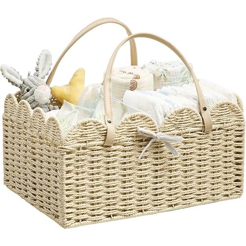 Paper Rope Diaper Caddy, Scalloped Baskets with Removable Divider