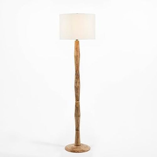 SAFAVIEH Lighting - Brodie 60-Inch Wood Floor Lamp - Brown - Cotton Drum Shade - Mid-Century Slim-Pole Design - Ideal for Living Room, Bedroom - Bulb Sold Separately (FLL2002A)