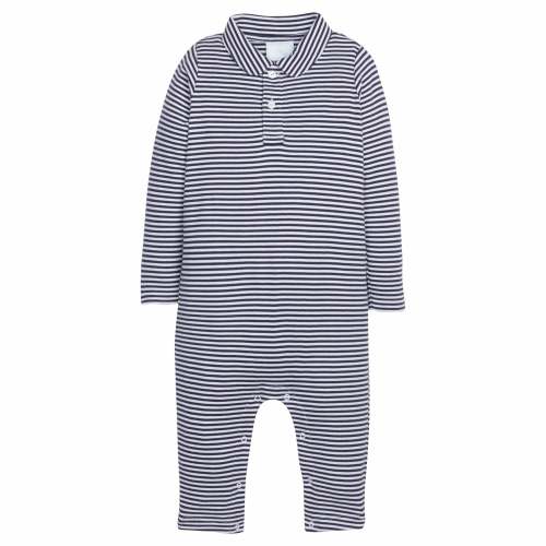 Long Sleeve Polo Romper - Navy Stripe