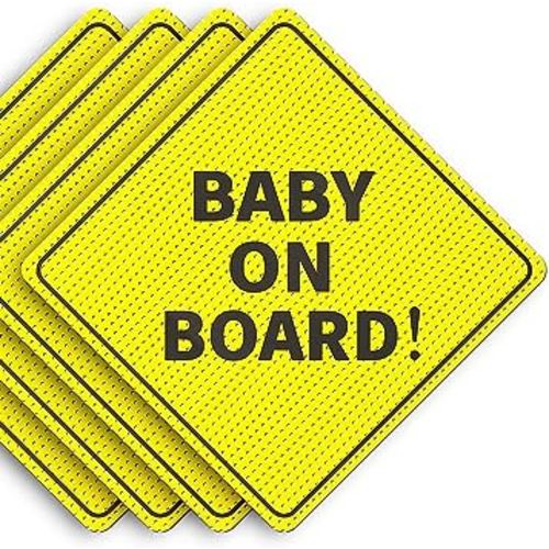 Baby On Board Sticker Sign - Essential for Cars - 4 Pack, 5" by 5" - Bright Yellow and See-Through When Reversing - Best Safety Signs - Non-Magnetic Sticker - Durable and Strong Adhesive