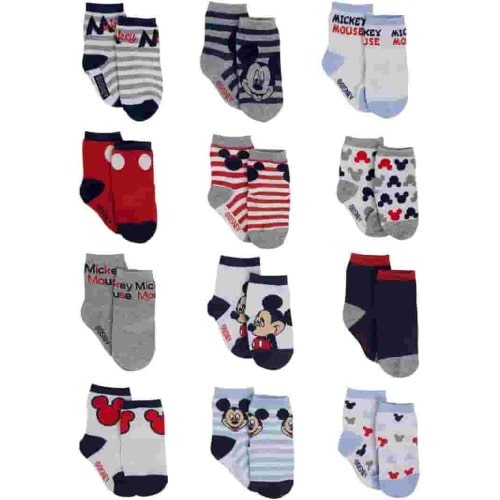 Disney Infant Boys' Fun Socks - Newborn/Kids, Bulk Pack of 12, Mickey Mouse, Winnie The Pooh, Lion King, Toy Story