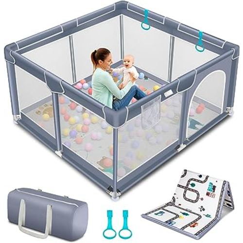 Suposeu Baby Playpen with Mat, Baby Play Yard for Toddler, Portable Large Baby Fence Area with Anti-Slip Base, Indoor & Outdoor Large Kids Activity Center, Playard for Baby(Grey)