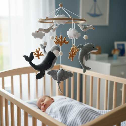 Ocean Baby Mobile – Handmade Felt Crib Mobile with Whale, Dolphin & Sea Animals | Coastal Nursery Decor Handmade Wool Felt Wood Hoop