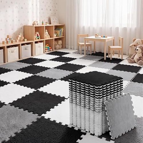 36 Pack Plush Foam Floor Mat Square Interlocking Carpet Tiles with Border Fluffy Play Mat Floor Tiles Soft Climbing Rugs for Bedroom Playroom, 12 x 12 x 0.4 in(Black, White, Gray)