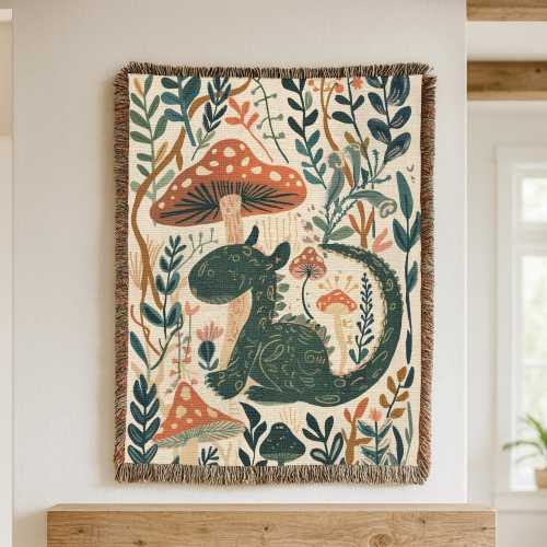 Folk Art Dragon Woven Blanket – Whimsical Cottagecore Tapestry