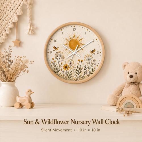 Sun Wildflower Nursery Clock, Boho Botanical Wood Wall Art, Silent Movement Kids Room