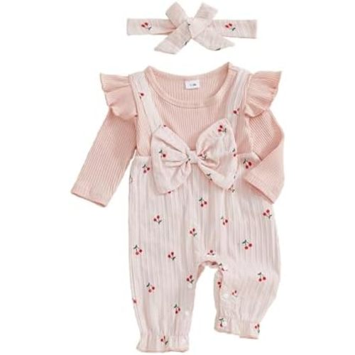 Infant Baby Girl Fall Outfit Romper Cherry Print Fake Two Pieces Patchwork Bow Jumpsuit Newborn Winter Clothes