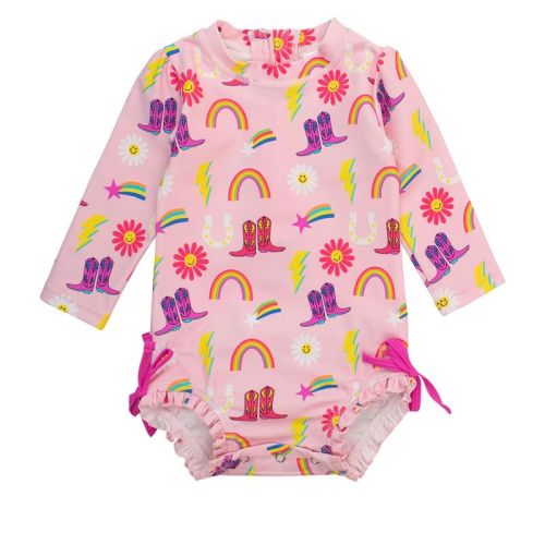 Rufflebutts Baby/toddler Girls Upf50+ Long Sleeve One Piece Rash Guard - Cowgirl Cutie, 0-3m