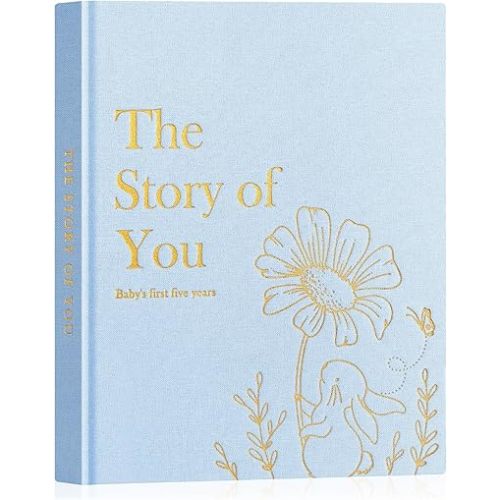 Lanpn Baby Memory Book for Boy Girl - The Story of You, Newborn Babys Book Keepsake Photo Album for New Parents, Linen Cover Baby First 5 Year Milestone Journal Scrapbook (Blue, 154 Pages)